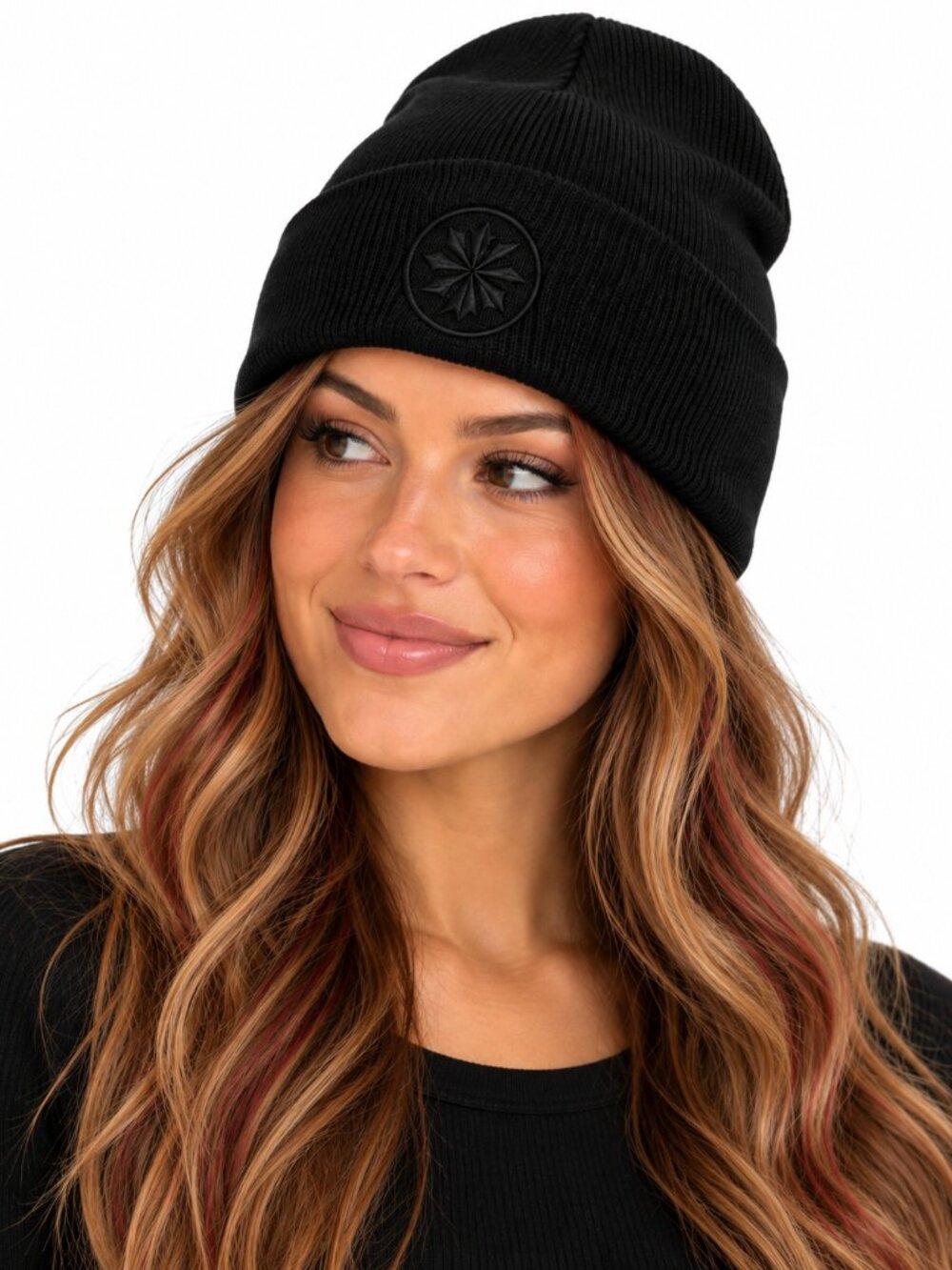 Athleta Head Start Beanie Black Cuffed Knit Hat Embroidered Logo One Size NWT